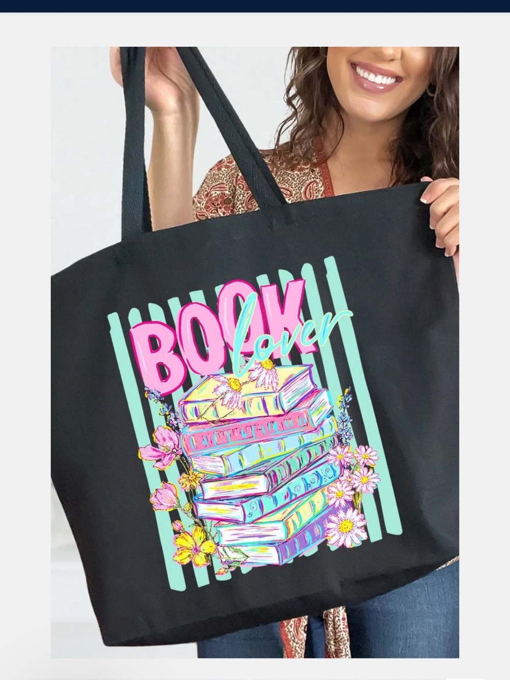 Book Lover Graphic Tote Bag in Black with Colorful Print